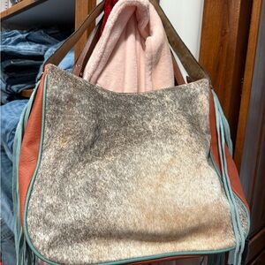 Leather & Haircalf Fringe Hobo Bag in Brown and Tan